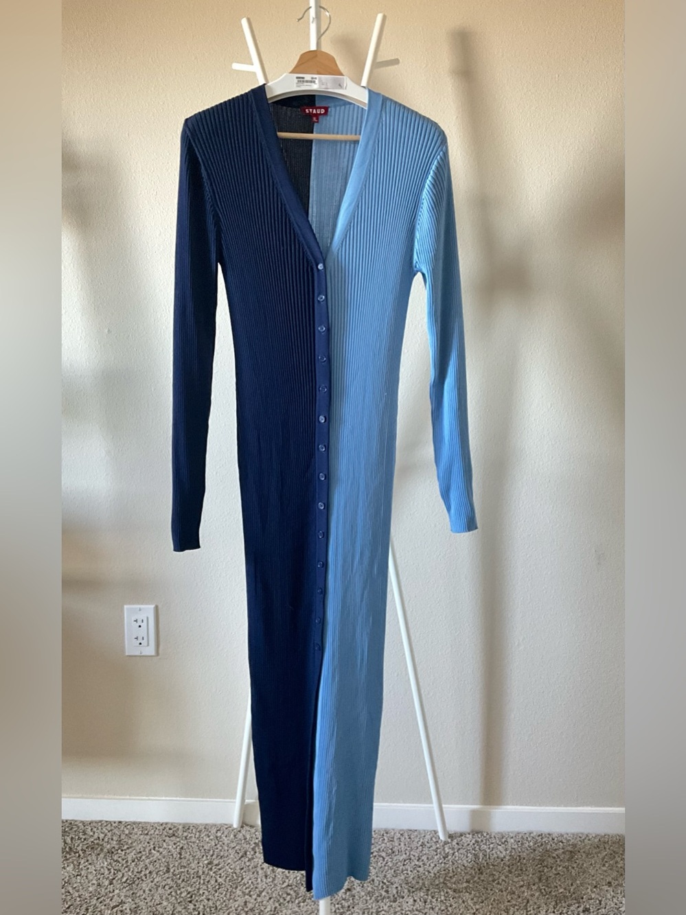 STAUD Two-Tone Ribbed Button-Front Maxi Dress in Navy and Light Blue